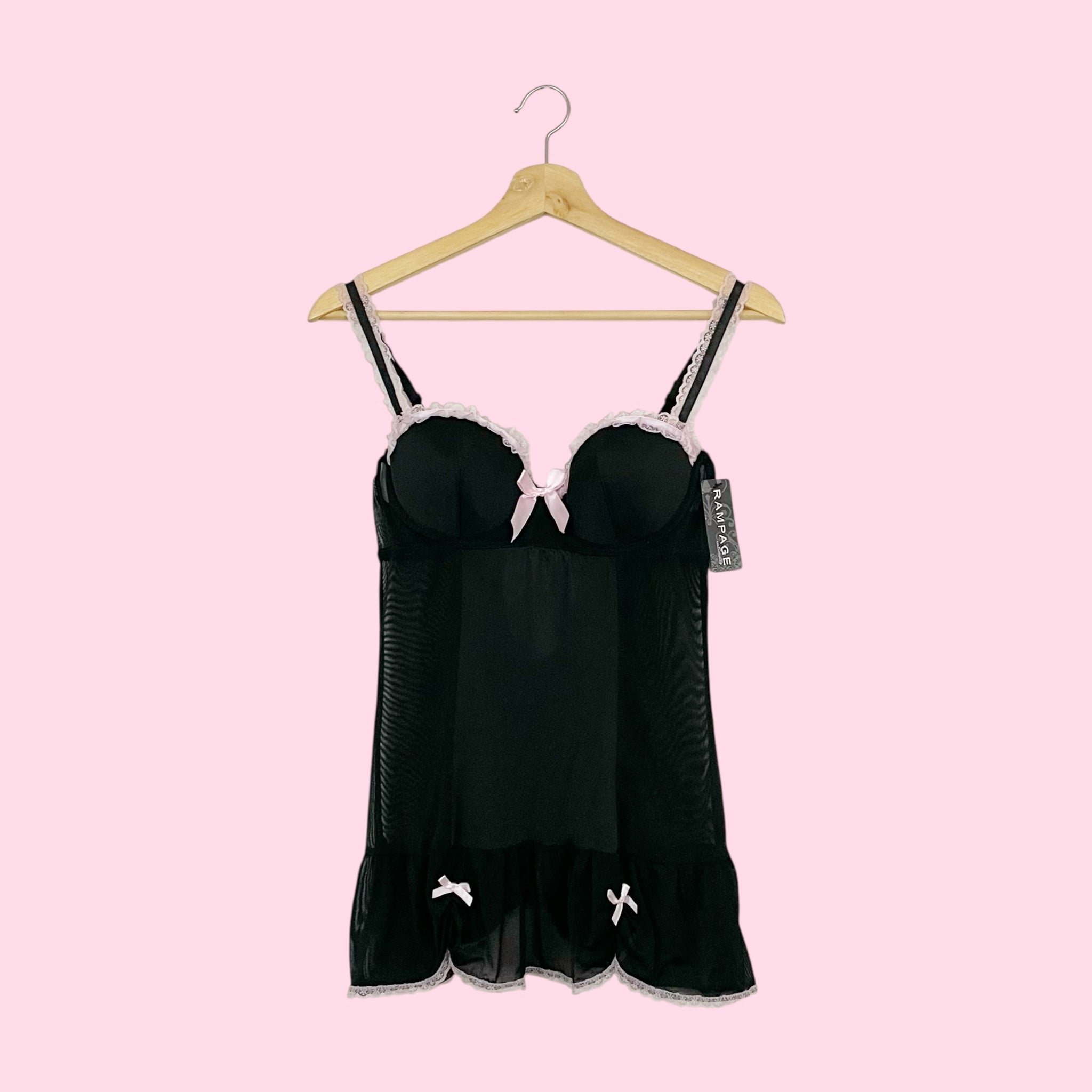 RAMPAGE BLACK + PINK LACE TRIM BABYDOLL (M)