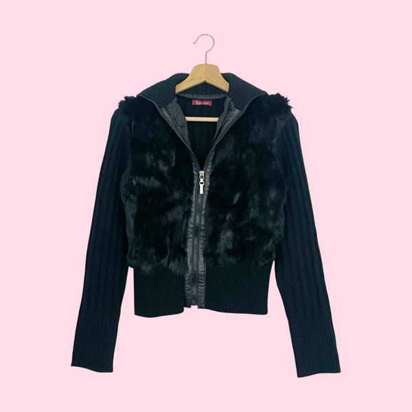BLACK FUR PANEL KNIT CARDIGAN JACKET (M)