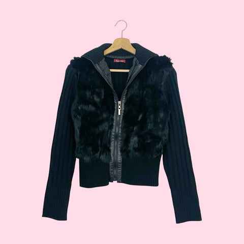 BLACK FUR PANEL KNIT CARDIGAN JACKET (M)