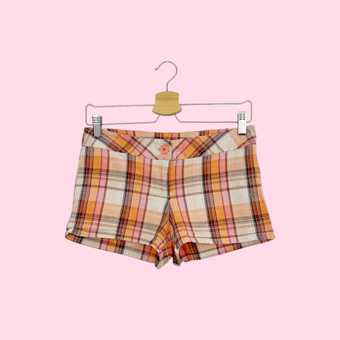 Y2K ORANGE PLAID LOW RISE SHORTS (S/M)