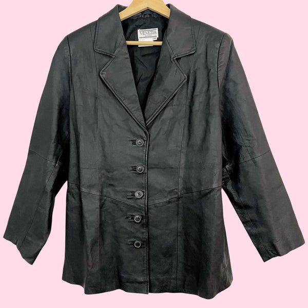 BLACK LEATHER BLAZER JACKET (L)