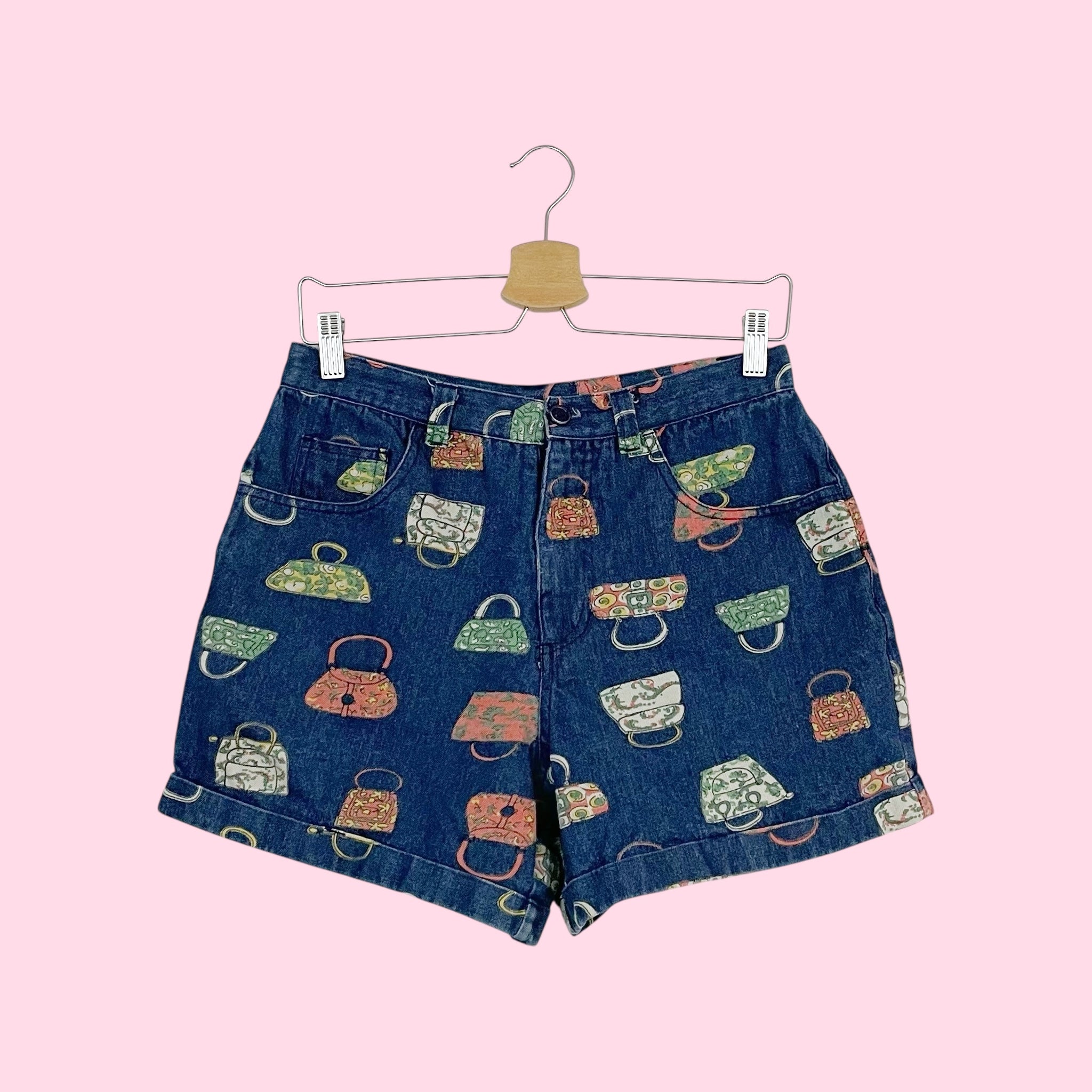 PURSE PRINT HIGH WAISTED DENIM SHORTS (29)