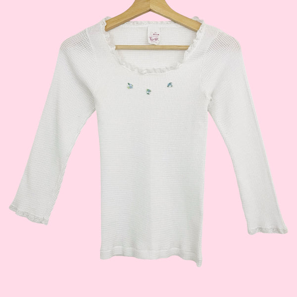 White Thermal Top w/ Floral Patches (S)