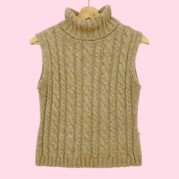 Tan Cable Knit Sleeveless Turtleneck (S)