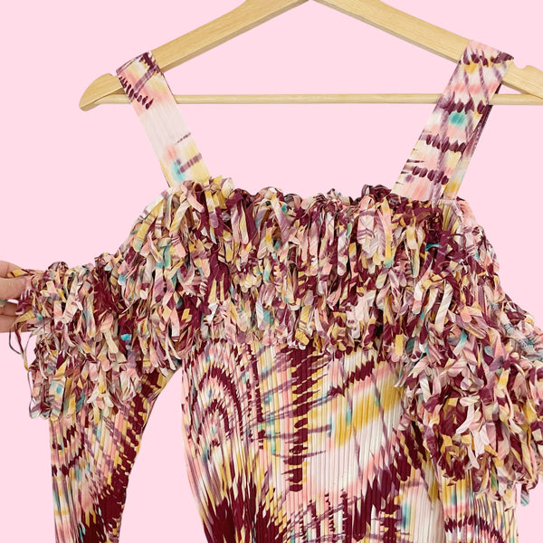 Y2K PRINTED FRINGE OFF SHOULDER BLOUSE (1X)