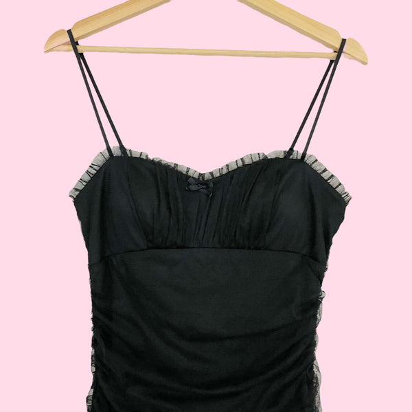 BLACK RUCHED TULLE MINI DRESS (S)
