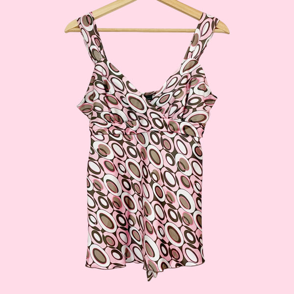 PINK + BROWN PRINTED TIE BACK TANK (M)