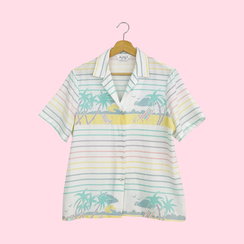 PASTEL STRIPED BEACH PRINT BLOUSE (M)