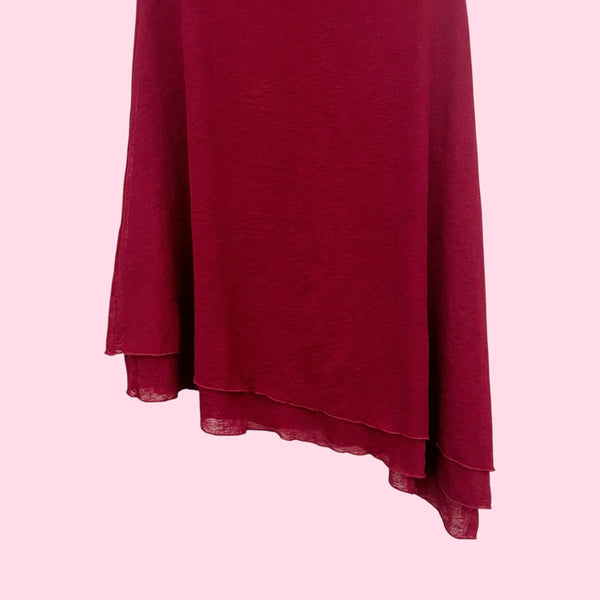 BURGUNDY ONE SHOULDER MIDI DRESS (XS)