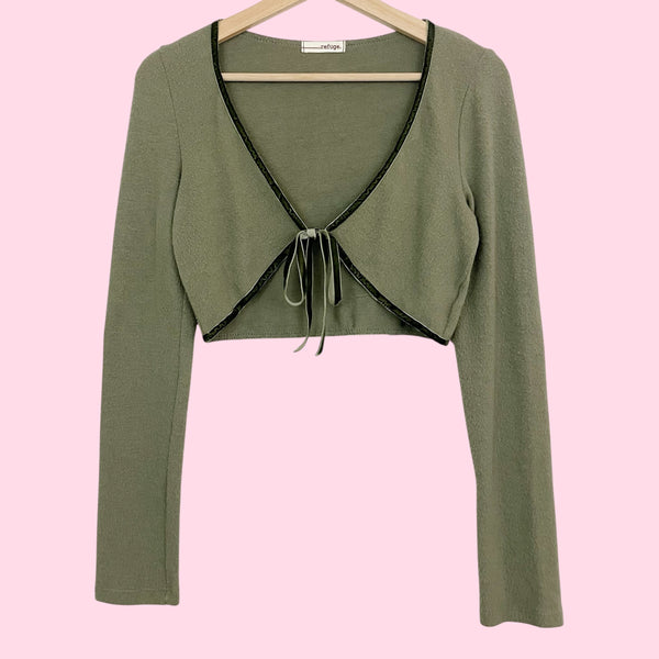 OLIVE GREEN TIE FRONT CROPPED CARDIGAN (S)