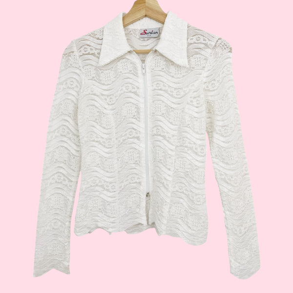 WHITE LACE ZIP UP BLOUSE (XS/S)