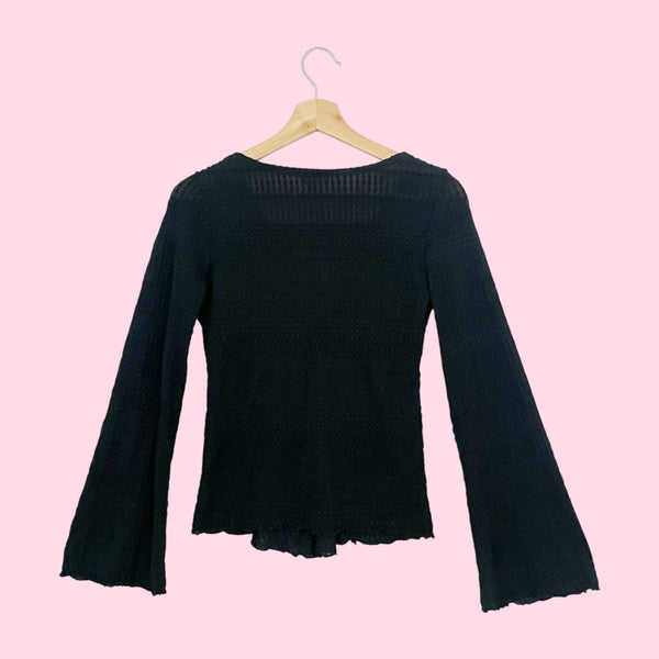 BLACK TEXTURED LACE UP BELL SLEEVE TOP (M)