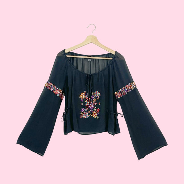Black Embroidered Silk Blouse w/ Side Ties (M/L)