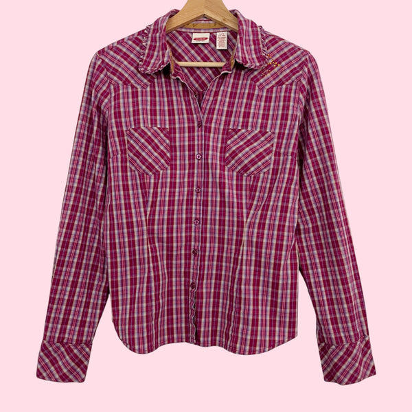 Burgundy Plaid Button Up Blouse (L)