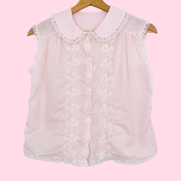 60s PINK EMBROIDERED COTTON BLOUSE (S/M)