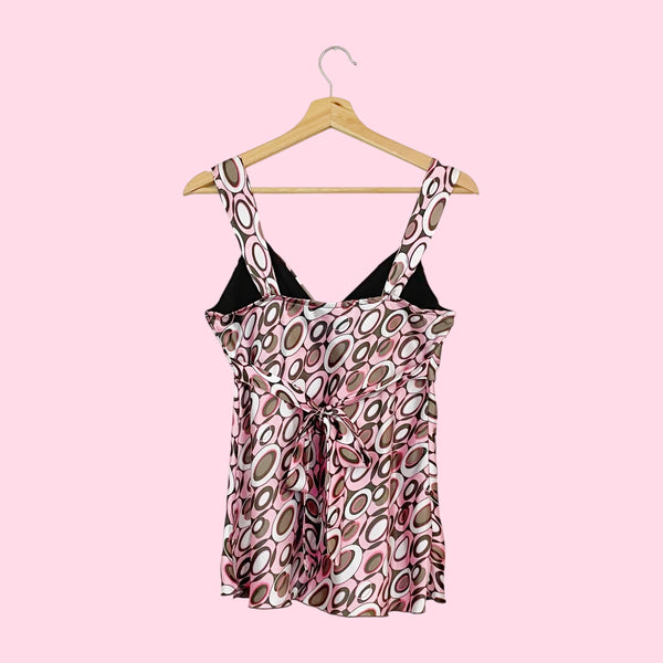 PINK + BROWN PRINTED TIE BACK TANK (M)