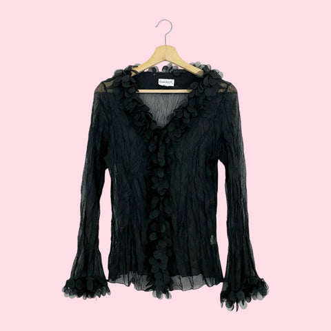 BLACK WRINKLE BLOUSE W/ CUTOUT FRINGE (M)