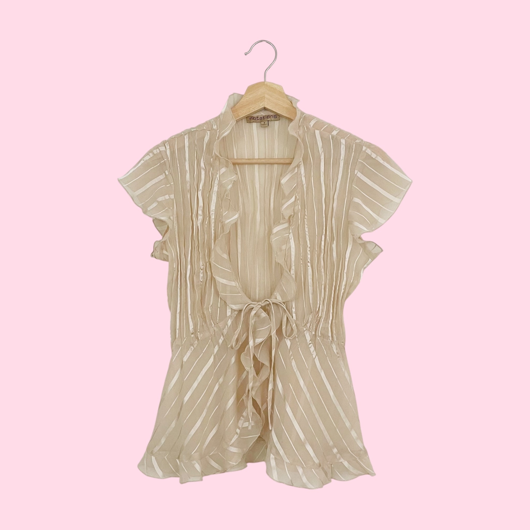 Y2K BEIGE SHEER STRIPED TIE FRONT TOP (S)