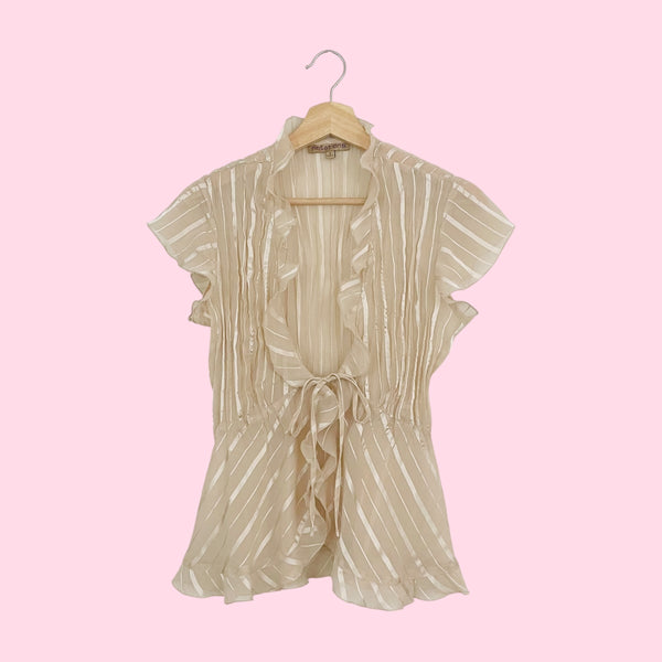 Y2K BEIGE SHEER STRIPED TIE FRONT TOP (S)