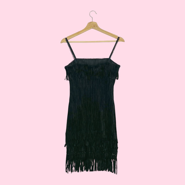 BLACK TEXTURED VELVET FRINGE DRESS (S)