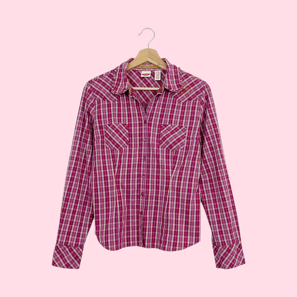 Burgundy Plaid Button Up Blouse (L)