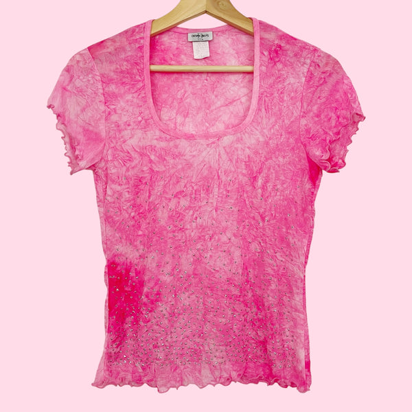 PINK TIE DYE MESH GLITTER DOT TOP (M)