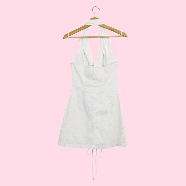 WHITE LACE UP HALTER MINI DRESS (M)