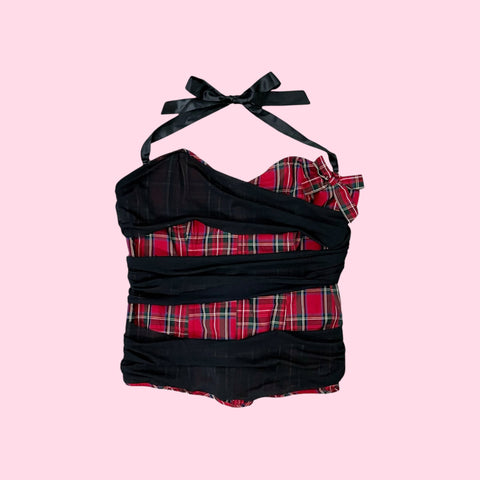 FREDERICK'S RED TARTAN PLAID CORSET W/ MESH OVERLAY (XL)