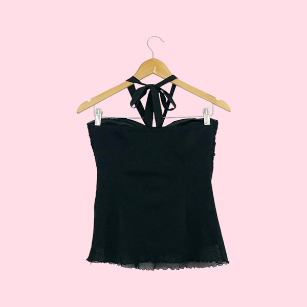 Y2K Black Mesh Ruffle Tube Top (M)