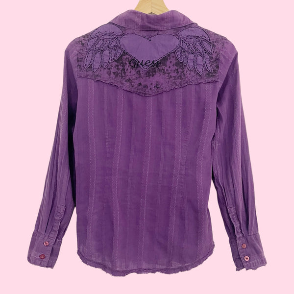 Y2K Guess Purple Embroidered Winged Heart Blouse (S/M)