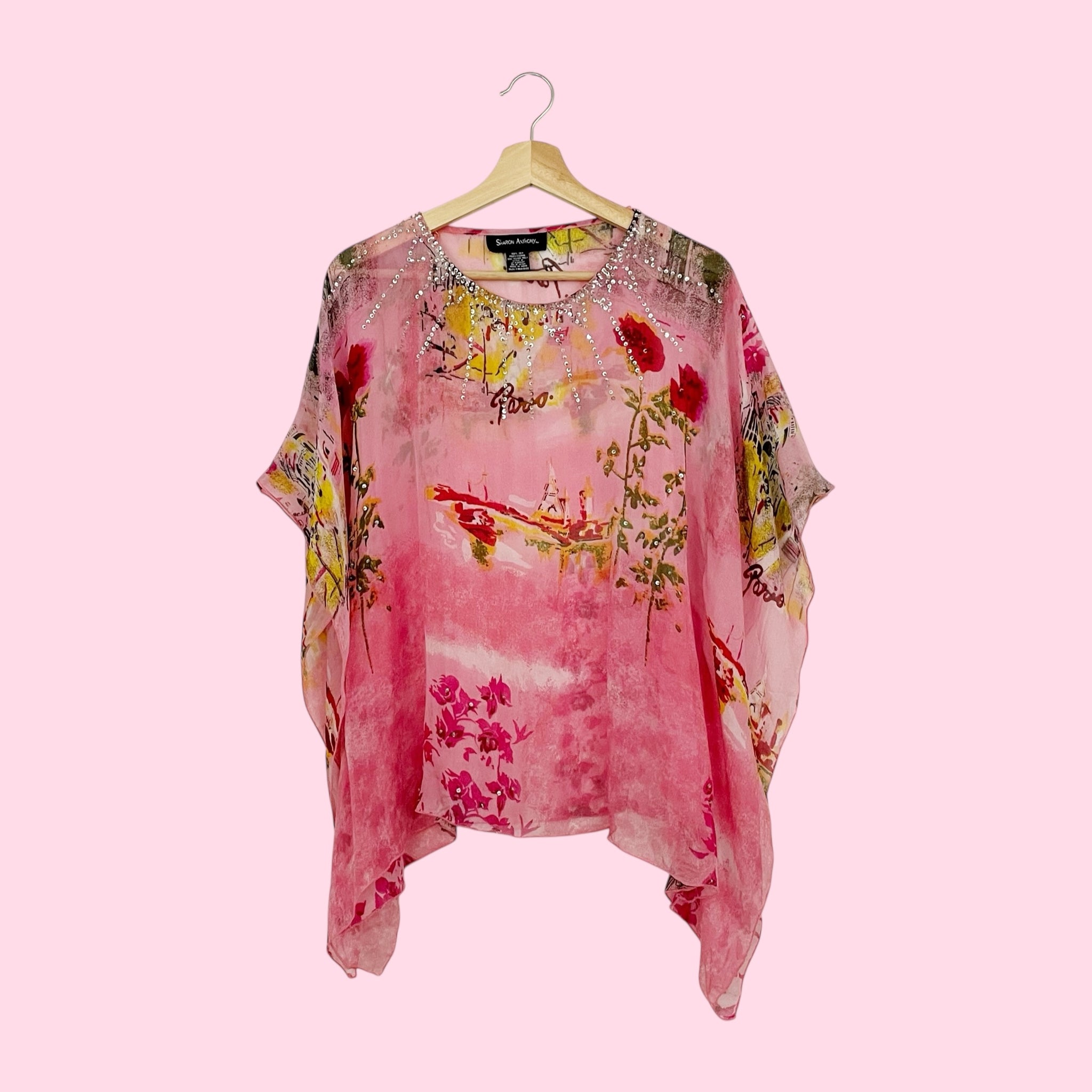 Y2K PINK EMBELLISHED SILK SCARF BLOUSE (S/M)