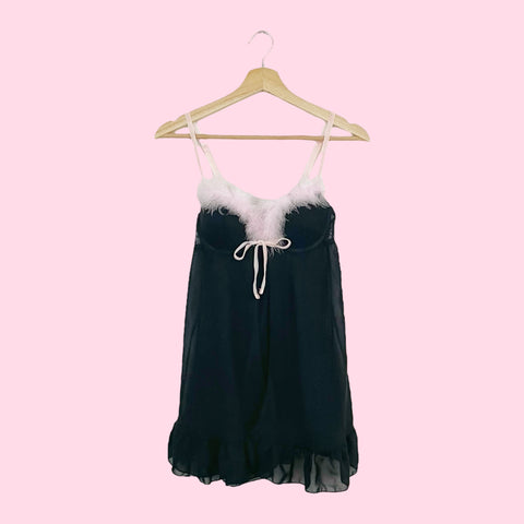 BLACK BABYDOLL W/ PINK FEATHER TRIM (S)
