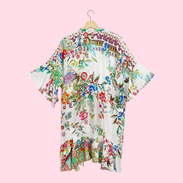 JOHNNY WAS FLORAL TIE FRONT RUFFLE KIMONO (XS)