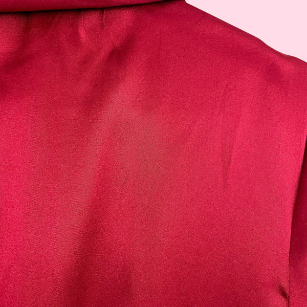 BEBE RED SILK BLOUSE W/ FUR COLLAR (L)