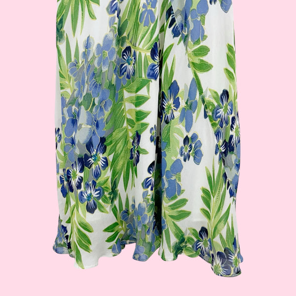 FLORAL PRINT RAYON MAXI DRESS W/ ASYMMETRICAL STRAPS (M)