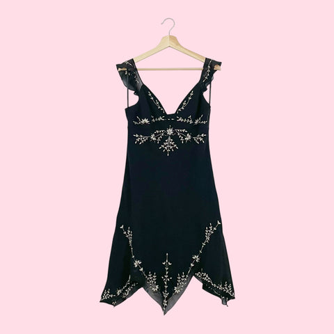 FLORAL EMBROIDERED BEADED SILK MIDI DRESS (M)