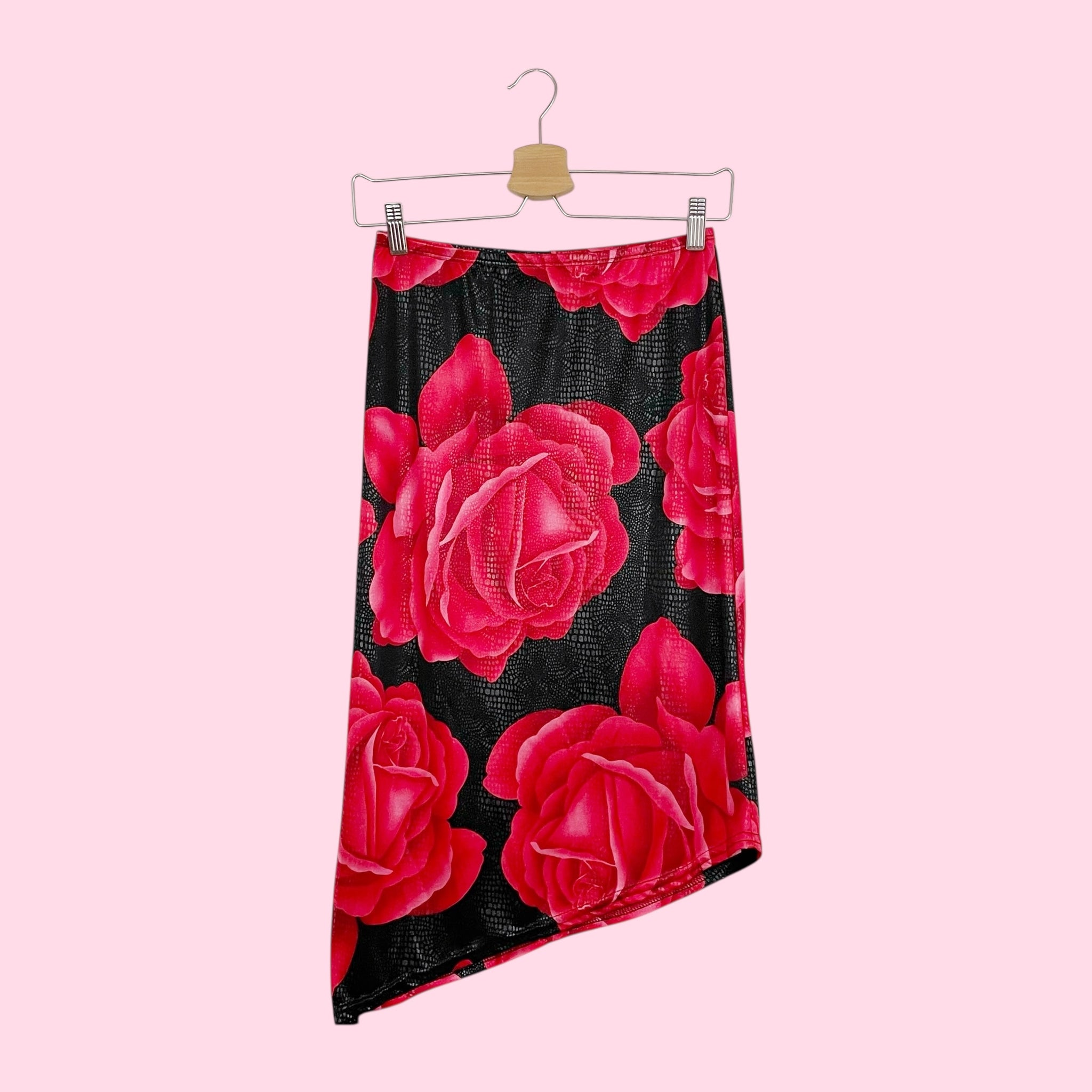 ROSE PRINT ASYMMETRICAL MIDI SKIRT (S)