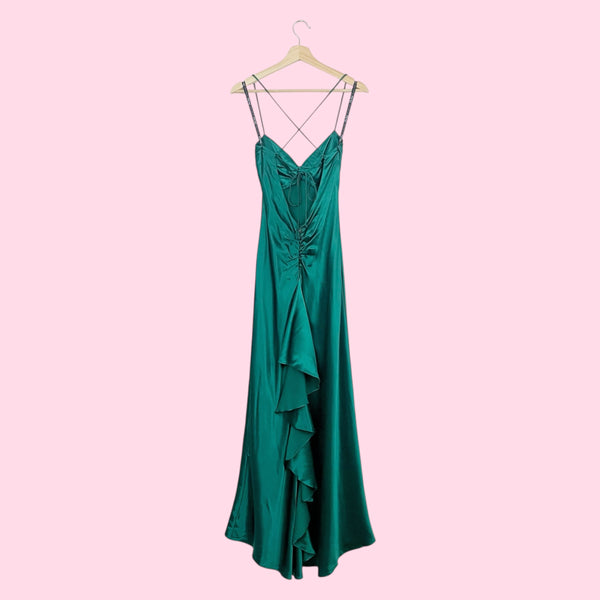 EMERALD GREEN SATIN MAXI DRESS (3/4)