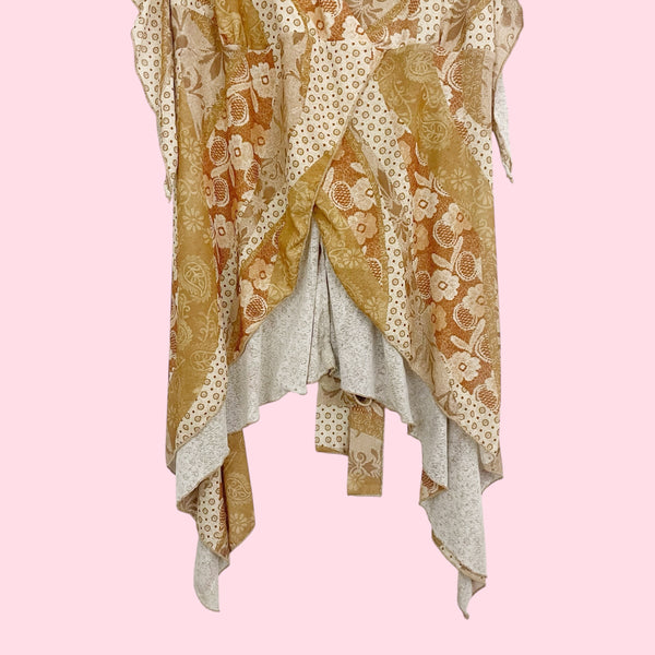 Y2K Tan Patchwork Mesh Asymmetrical Tie Back Top (3X)