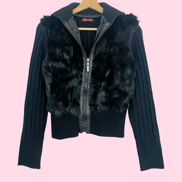 BLACK FUR PANEL KNIT CARDIGAN JACKET (M)