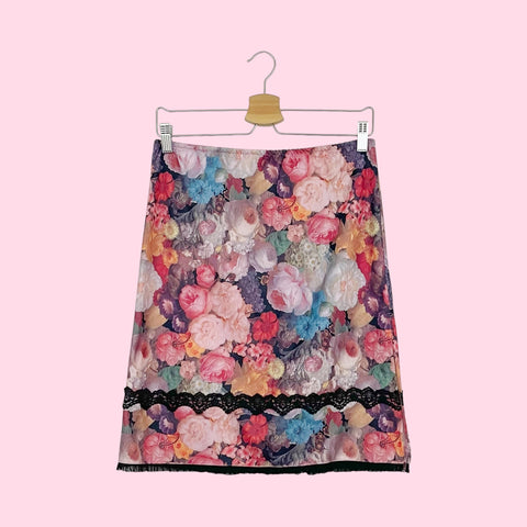 FLORAL PRINT MIDI SKIRT W/ LACE TRIM (M)