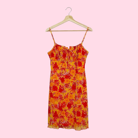 ORANGE FLORAL MESH MIDI DRESS (M)