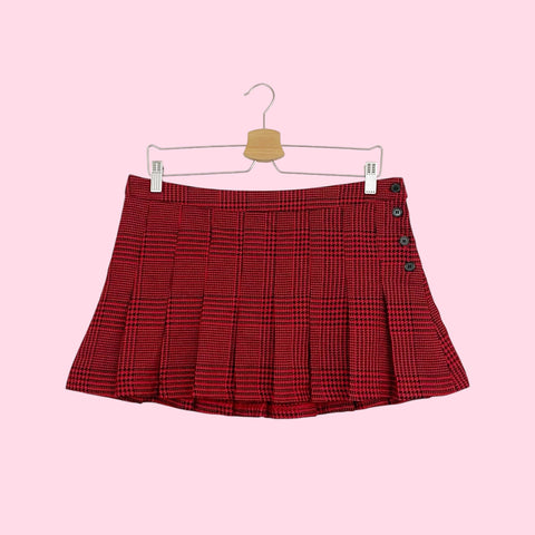 RED HOUNDSTOOTH PLEATED MINI SKIRT (M)