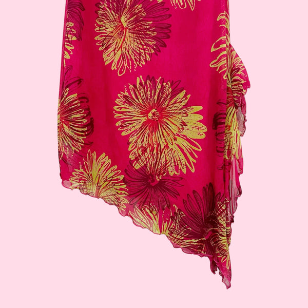 PINK + LIME FLORAL ASYMMETRICAL MIDI DRESS (XS/S)