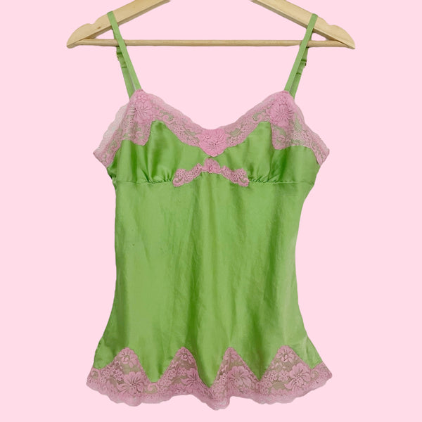 GREEN + PINK SILK LACE TRIM CAMI (XS)