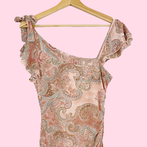 PINK PAISLEY MESH MIDI DRESS (M)