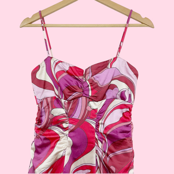 PRINTED RUCHED BODYCON MIDI DRESS (S)