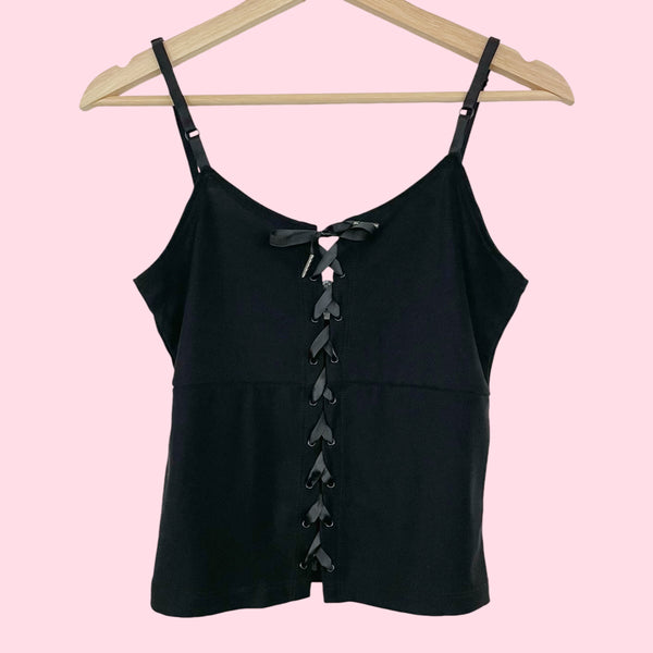 BLACK STRETCHY LACE UP TANK (M)