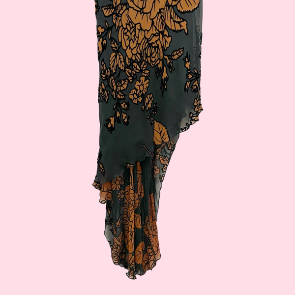 Y2K Black + Brown Floral Asymmetrical Dress (6)