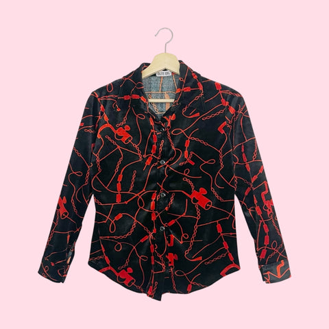 PRINTED VELVET BUTTON UP BLOUSE (S)